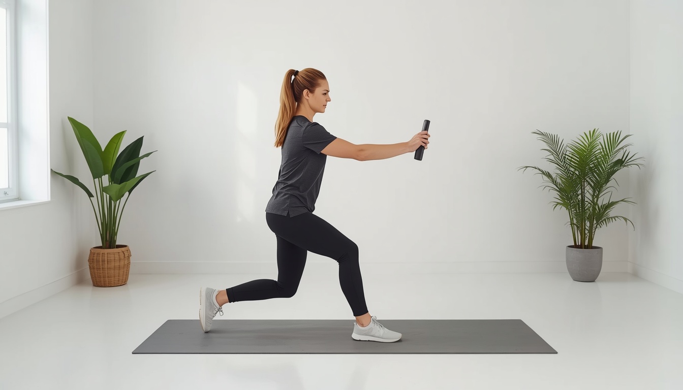 Coach guiding a client through a mobility sequence in a bright studio